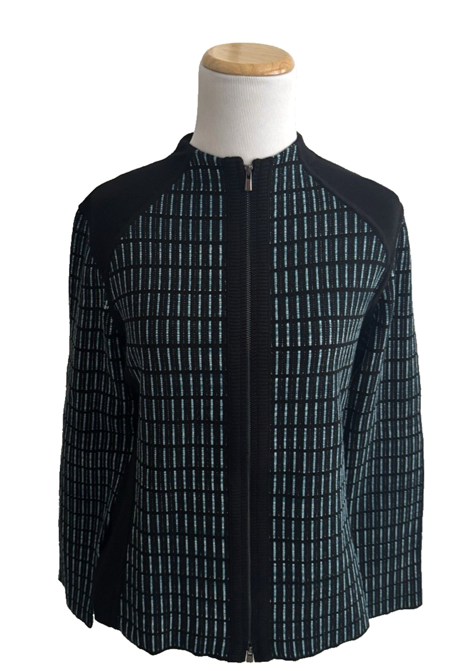 Carlisle Cardigan Sweater M Full Zip Black Green Geometric Knit Long-Sleeves